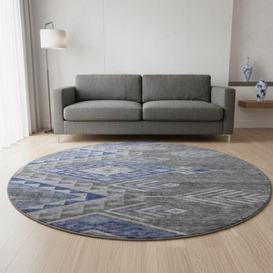 HomeRoots 8' Stylish Pewter Blue & Gray Geometric Washable Round Rug with UV Protection for Modern Spaces 684115