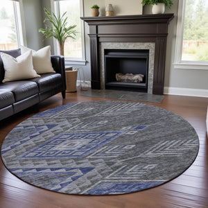HomeRoots 8' Stylish Pewter Blue & Gray Geometric Washable Round Rug with UV Protection for Modern Spaces 684115