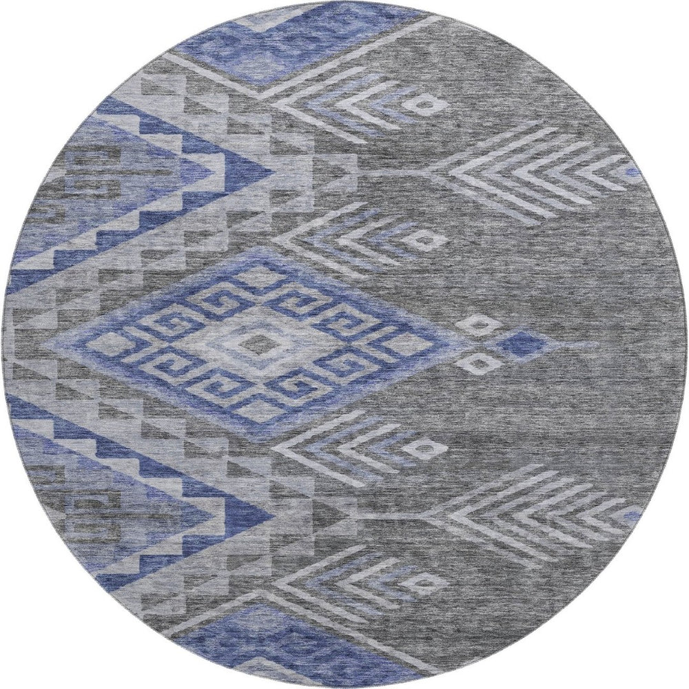 HomeRoots 8' Stylish Pewter Blue & Gray Geometric Washable Round Rug with UV Protection for Modern Spaces 684115