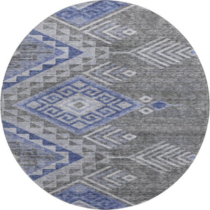 HomeRoots 8' Stylish Pewter Blue & Gray Geometric Washable Round Rug with UV Protection for Modern Spaces 684115