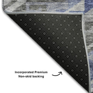 HomeRoots 8' Stylish Pewter Blue & Gray Geometric Washable Round Rug with UV Protection for Modern Spaces 684115