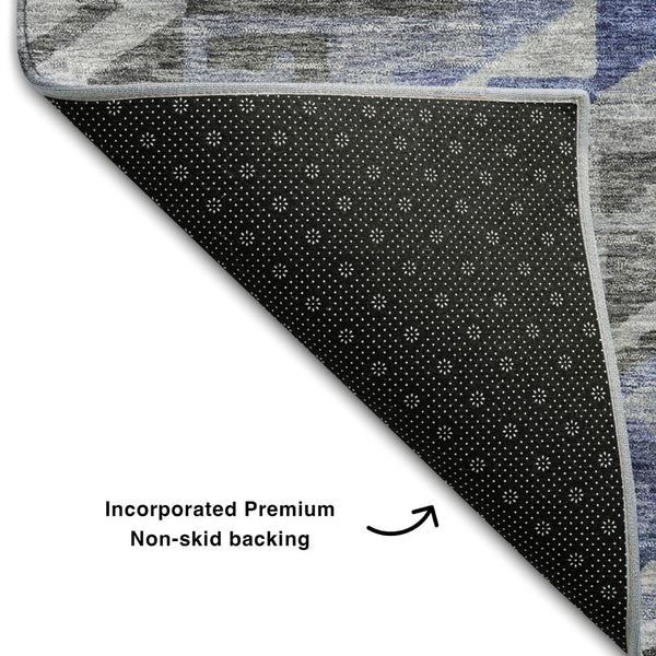 HomeRoots 8' Stylish Pewter Blue & Gray Geometric Washable Round Rug with UV Protection for Modern Spaces 684115