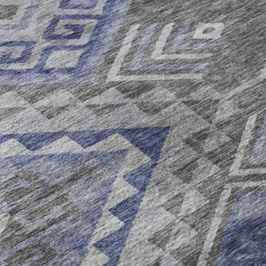 HomeRoots 8' Stylish Pewter Blue & Gray Geometric Washable Round Rug with UV Protection for Modern Spaces 684115
