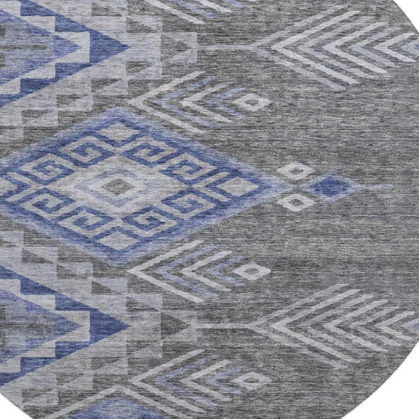 HomeRoots 8' Stylish Pewter Blue & Gray Geometric Washable Round Rug with UV Protection for Modern Spaces 684115