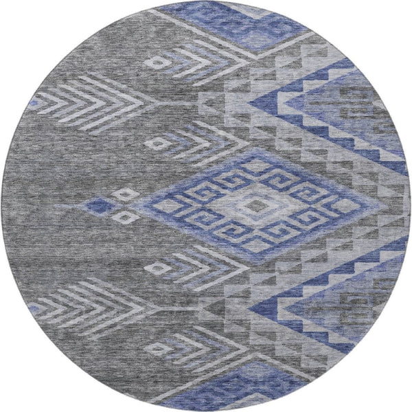 HomeRoots 8' Stylish Pewter Blue & Gray Geometric Washable Round Rug with UV Protection for Modern Spaces 684115