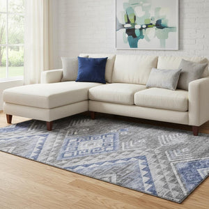 HomeRoots 8' X 10' Contemporary Pewter Blue & Gray Geometric Area Rug with UV & Stain Protection for Homes 684116