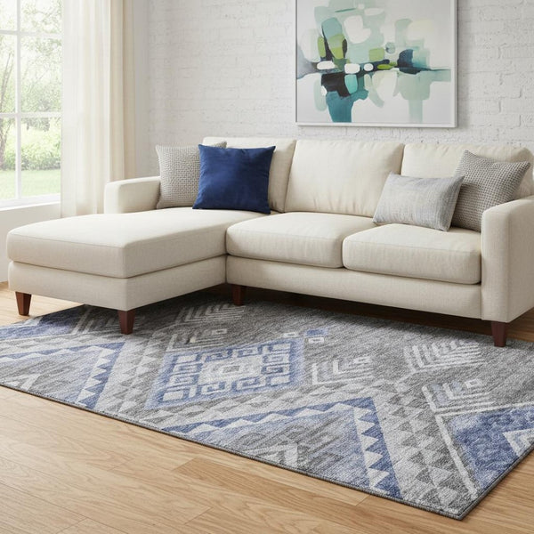 HomeRoots 8' X 10' Contemporary Pewter Blue & Gray Geometric Area Rug with UV & Stain Protection for Homes 684116