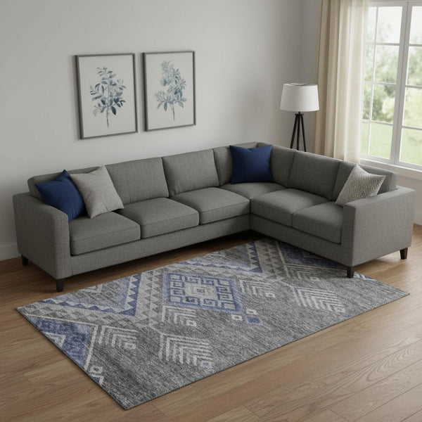 HomeRoots 9' X 12' Pewter Blue & Gray Geometric Area Rug - Washable, UV-Protected, Durable for Busy Homes 684117