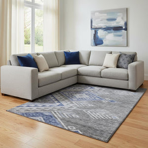HomeRoots 10' X 14' Stylish Pewter Blue & Gray Geometric Washable Area Rug with UV Protection & Durability 684118