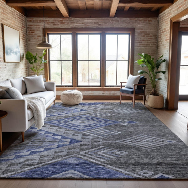 HomeRoots 10' X 14' Stylish Pewter Blue & Gray Geometric Washable Area Rug with UV Protection & Durability 684118