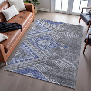 HomeRoots 10' X 14' Stylish Pewter Blue & Gray Geometric Washable Area Rug with UV Protection & Durability 684118