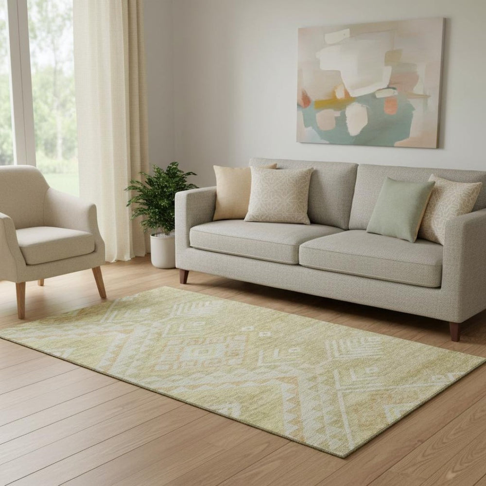HomeRoots 5' X 8' Tan and Beige Geometric Area Rug – Washable, UV-Protected, Pet-Friendly, Modern Design 684120