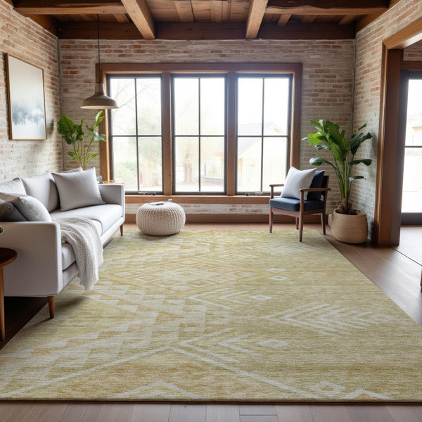 HomeRoots 9' X 12' Stylish Tan & Beige Geometric Area Rug - Washable, UV-Protected, Perfect for High-Traffic Spaces 684123