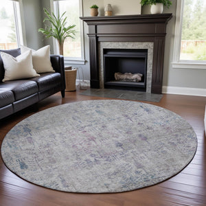 HomeRoots 8' Elegant Ivory Floral Round Rug with Purple & Blue Accents - Washable, UV Protected & Stain Resistant 684127