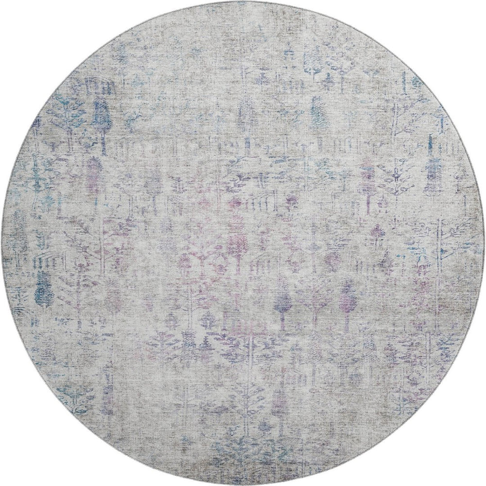 HomeRoots 8' Elegant Ivory Floral Round Rug with Purple & Blue Accents - Washable, UV Protected & Stain Resistant 684127