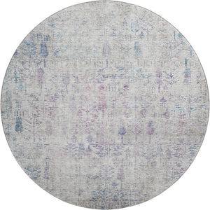 HomeRoots 8' Elegant Ivory Floral Round Rug with Purple & Blue Accents - Washable, UV Protected & Stain Resistant 684127