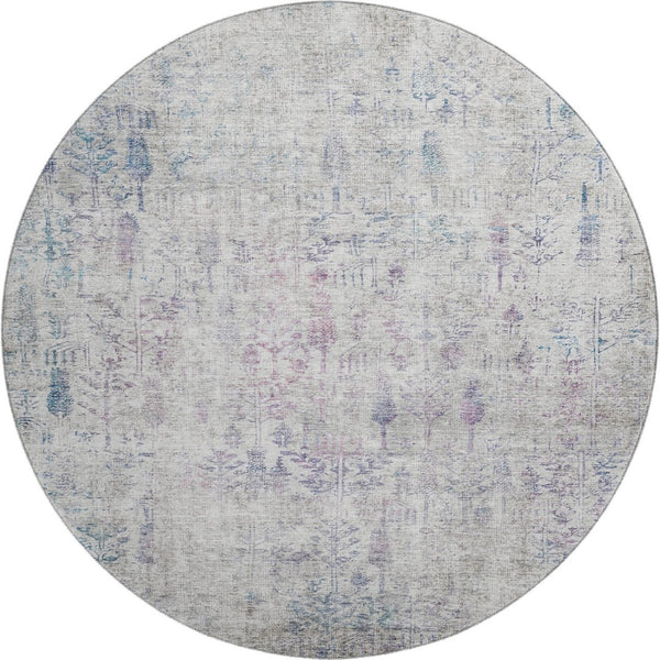 HomeRoots 8' Elegant Ivory Floral Round Rug with Purple & Blue Accents - Washable, UV Protected & Stain Resistant 684127