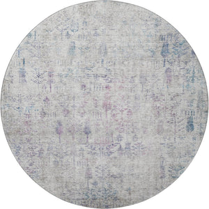 HomeRoots 8' Elegant Ivory Floral Round Rug with Purple & Blue Accents - Washable, UV Protected & Stain Resistant 684127