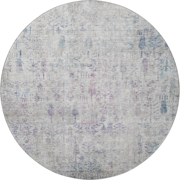 HomeRoots 8' Elegant Ivory Floral Round Rug with Purple & Blue Accents - Washable, UV Protected & Stain Resistant 684127