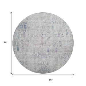 HomeRoots 8' Elegant Ivory Floral Round Rug with Purple & Blue Accents - Washable, UV Protected & Stain Resistant 684127