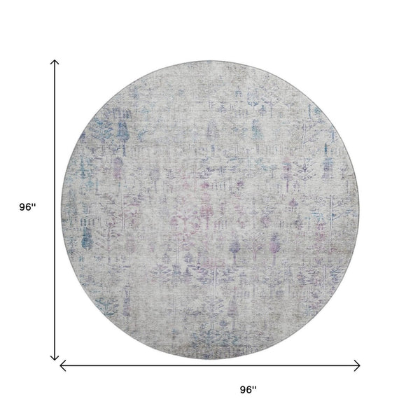 HomeRoots 8' Elegant Ivory Floral Round Rug with Purple & Blue Accents - Washable, UV Protected & Stain Resistant 684127
