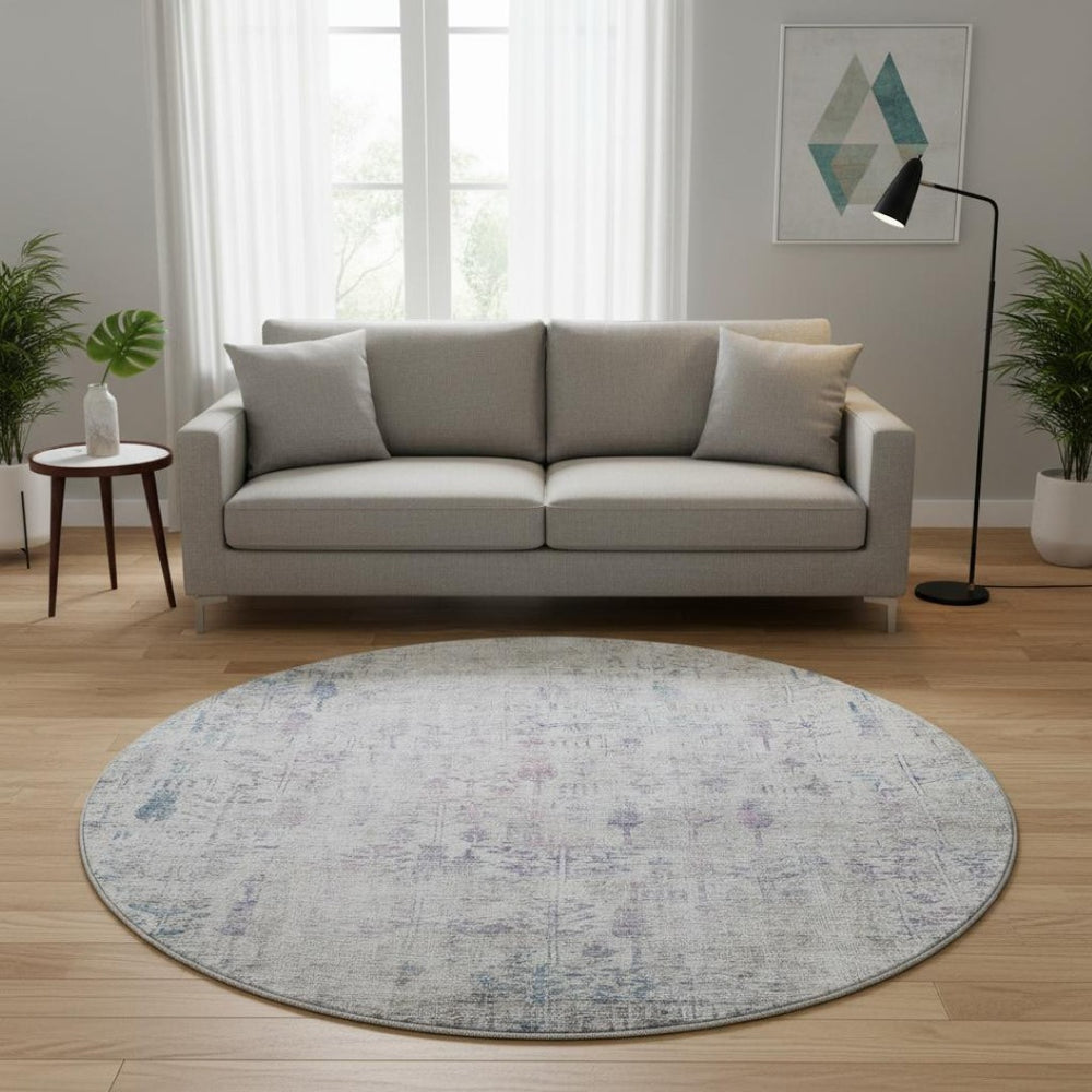 HomeRoots 8' Elegant Ivory Floral Round Rug with Purple & Blue Accents - Washable, UV Protected & Stain Resistant 684127