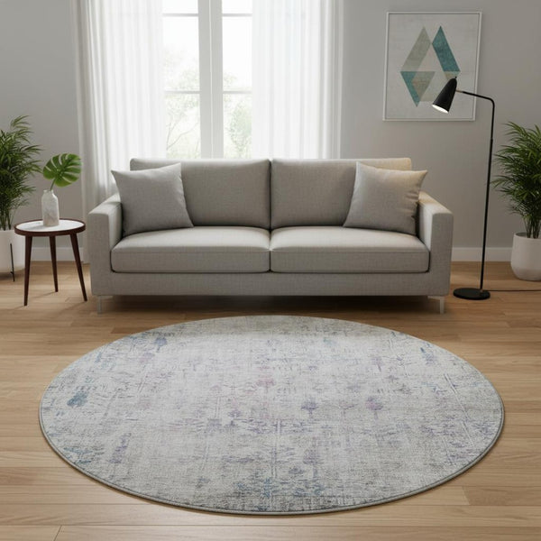 HomeRoots 8' Elegant Ivory Floral Round Rug with Purple & Blue Accents - Washable, UV Protected & Stain Resistant 684127