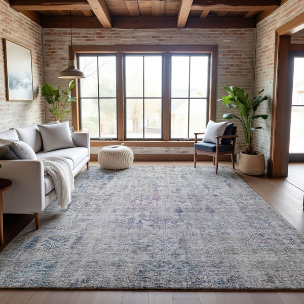 HomeRoots 9' X 12' Washable Floral Area Rug - Ivory Purple & Blue with UV Protection for Family Spaces 684129