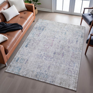 HomeRoots 9' X 12' Washable Floral Area Rug - Ivory Purple & Blue with UV Protection for Family Spaces 684129