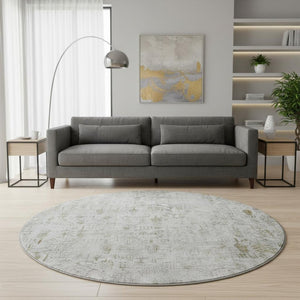 HomeRoots 8' Elegant Floral Washable Round Rug in Silver, Ivory & Beige - UV Protected for High-Traffic Areas 684133