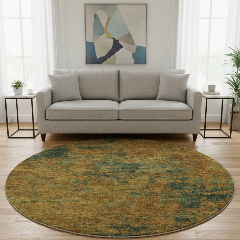 HomeRoots 8' Copper Gold and Teal Abstract Washable Round Rug with UV Protection for Stylish Living Spaces 684139