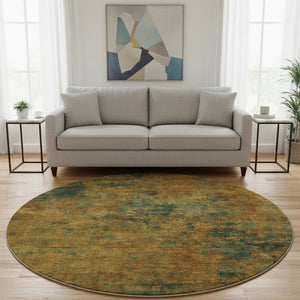 HomeRoots 8' Copper Gold and Teal Abstract Washable Round Rug with UV Protection for Stylish Living Spaces 684139