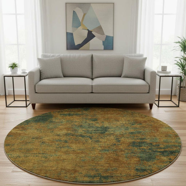 HomeRoots 8' Copper Gold and Teal Abstract Washable Round Rug with UV Protection for Stylish Living Spaces 684139