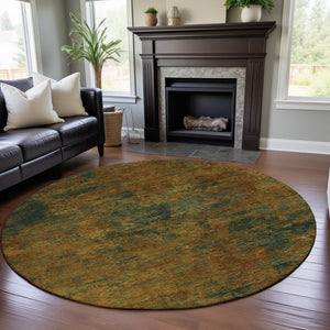 HomeRoots 8' Copper Gold and Teal Abstract Washable Round Rug with UV Protection for Stylish Living Spaces 684139
