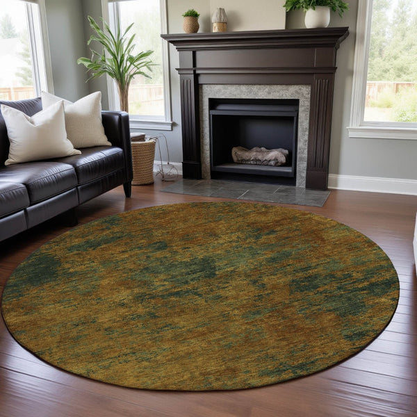 HomeRoots 8' Copper Gold and Teal Abstract Washable Round Rug with UV Protection for Stylish Living Spaces 684139