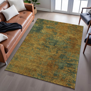 HomeRoots 9' X 12' Washable Copper, Gold & Teal Abstract Area Rug with UV Protection for Modern Homes 684141