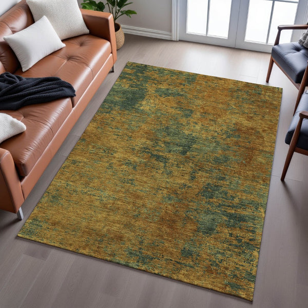 HomeRoots 10' Copper, Gold & Teal Abstract Area Rug - Washable, UV Protected, Durable for High-Traffic Spaces 684142