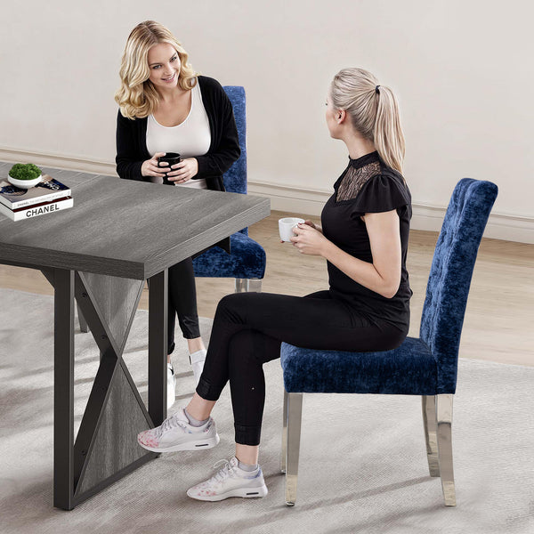 English Elm Set of 2 Modern Dining Chairs Plush Chenille Upholstery with Button-Tufting, S-Springs & Stainless Steel Legs Blue D772095825