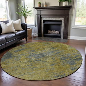 HomeRoots 8' Gold and Gray Abstract Washable Round Rug - Stylish, Durable, UV-Protected for High-Traffic Areas 684145