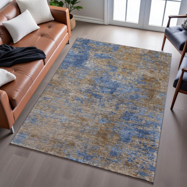 HomeRoots 5' X 8' Navy Blue & Brown Abstract Washable Area Rug - Durable, Stylish, UV-Protected, Pet-Friendly! 684150
