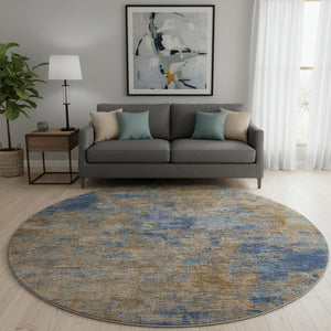 HomeRoots 8' Modern Navy Blue and Brown Abstract Washable Round Rug with UV Protection & Non-Slip Backing 684151