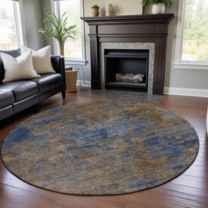 HomeRoots 8' Modern Navy Blue and Brown Abstract Washable Round Rug with UV Protection & Non-Slip Backing 684151