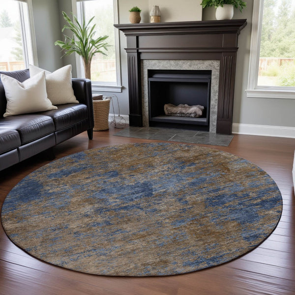HomeRoots 8' Modern Navy Blue and Brown Abstract Washable Round Rug with UV Protection & Non-Slip Backing 684151