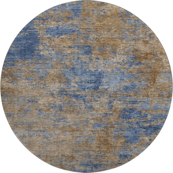 HomeRoots 8' Modern Navy Blue and Brown Abstract Washable Round Rug with UV Protection & Non-Slip Backing 684151
