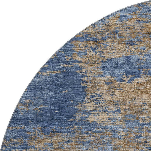 HomeRoots 8' Modern Navy Blue and Brown Abstract Washable Round Rug with UV Protection & Non-Slip Backing 684151