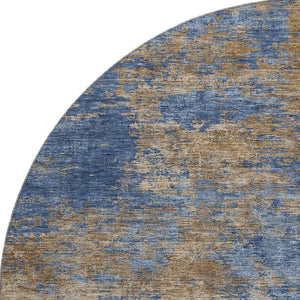 HomeRoots 8' Modern Navy Blue and Brown Abstract Washable Round Rug with UV Protection & Non-Slip Backing 684151