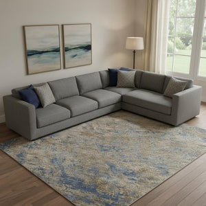 HomeRoots 9' X 12' Navy Blue and Brown Abstract Area Rug - Washable, UV-Protected, Durable for Busy Homes 684153