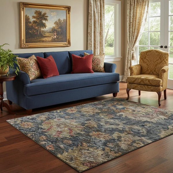 HomeRoots 5' X 8' Navy Blue & Copper Damask Area Rug – Washable, Stain-Resistant, UV Protected Elegance! 684156