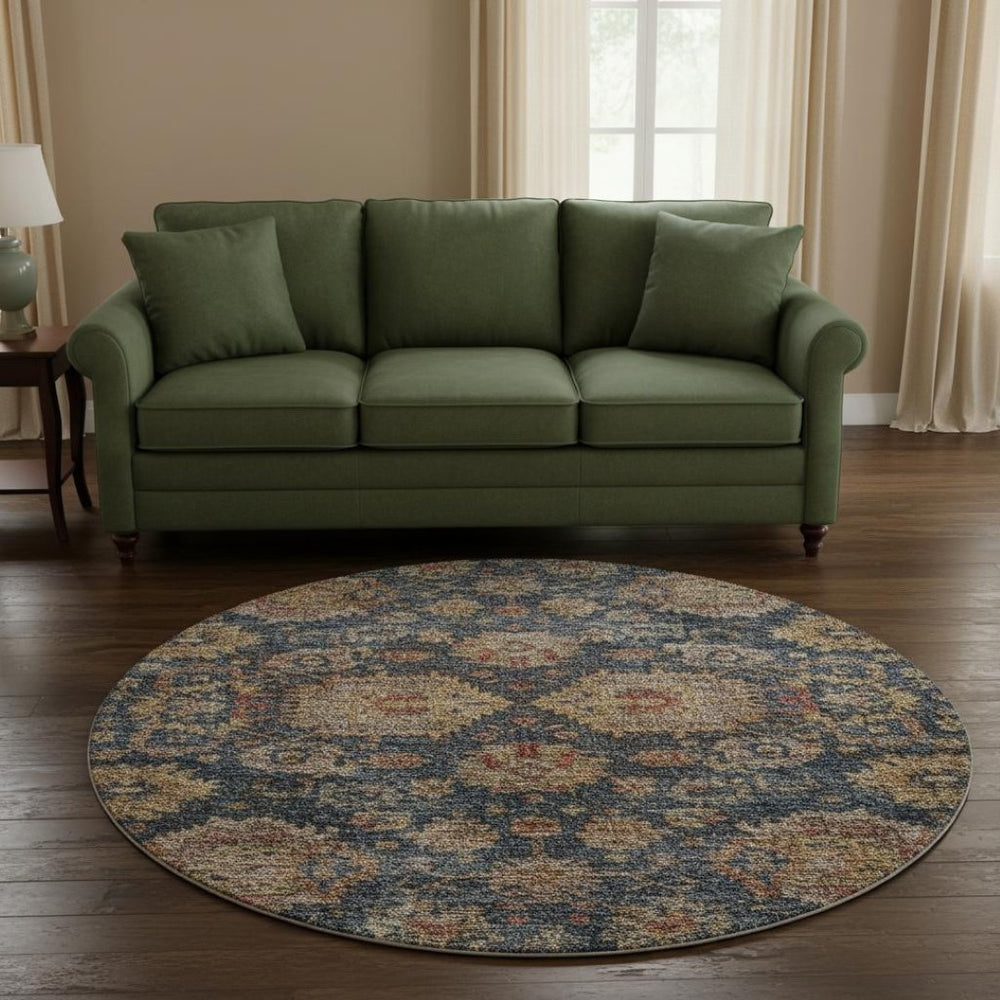 HomeRoots 8' Navy Blue and Copper Damask Washable Round Rug - Durable, UV-Protected Elegance for Any Room 684157