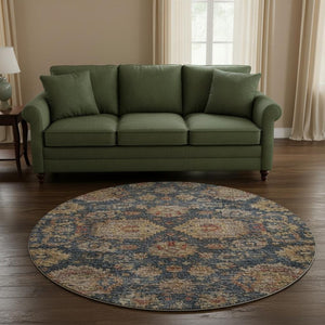 HomeRoots 8' Navy Blue and Copper Damask Washable Round Rug - Durable, UV-Protected Elegance for Any Room 684157